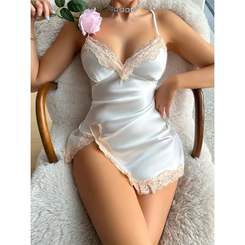 Damska satynowa sukienka na ramiączkach Elegancka, jednokolorowa koronkowa lamówka Seksowna odzież codzienna Lekka, całoroczna koszula nocna