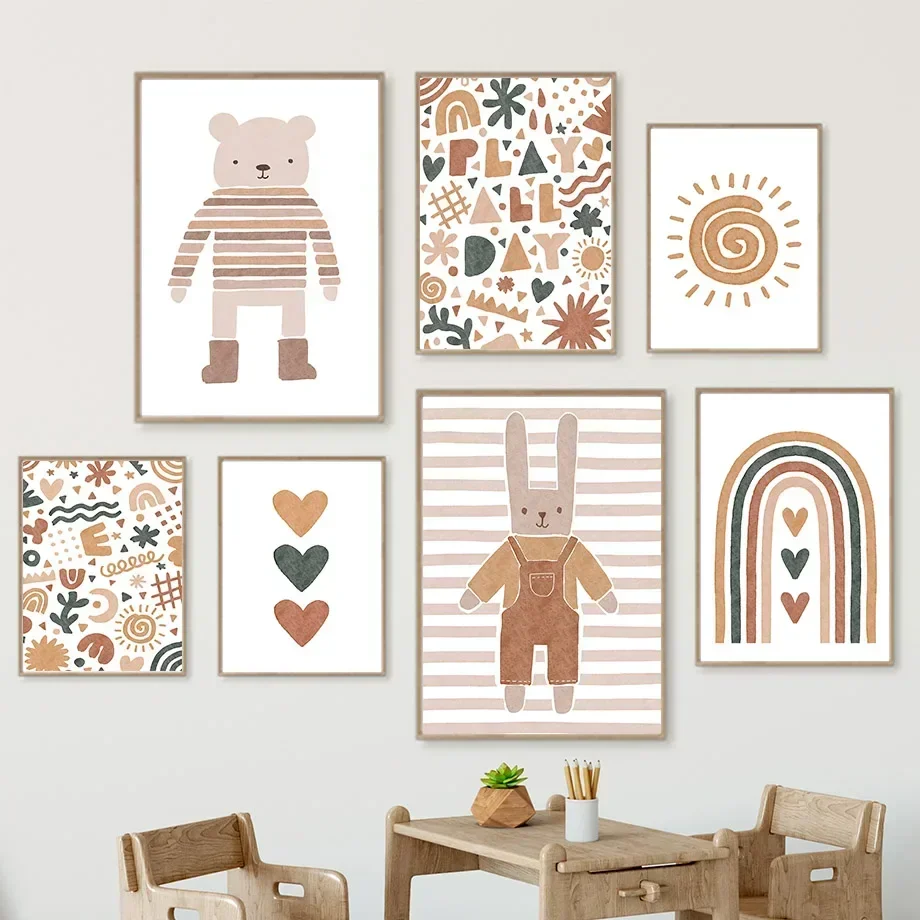 

Boho Cartoon Wall Art, Bear, Rabbit, Sun, Rainbow, Alphabet, Nordic Pictures, Kids' Room Decor, Nursery Canvas Prints, Painting