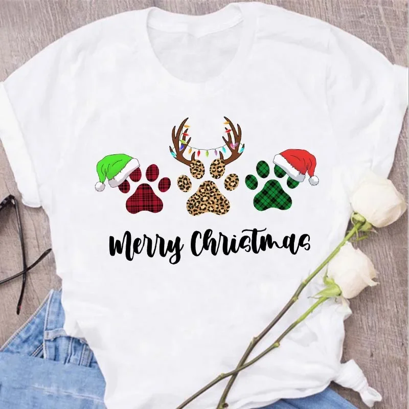 Fashion Christmas Paws Print T Shirt Harajuku Women Fashion Short Sleeve T-shirt White Suitable All Seasons Tshirt Top