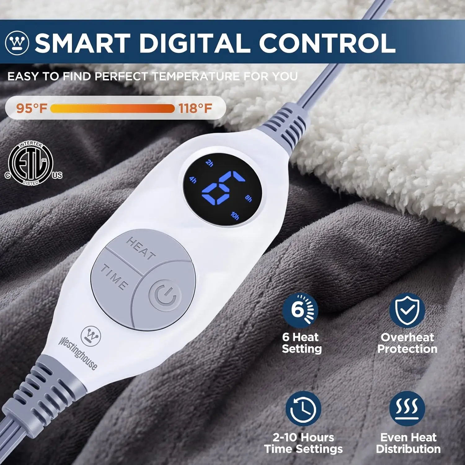 بطانية رمي تسخين كهربائي مع 6 مستويات حرارية ومؤقت، من الفلانيل إلى شيربا مريحة قابلة للغسل في الغسالة، فحم 50 × 60 بوصة