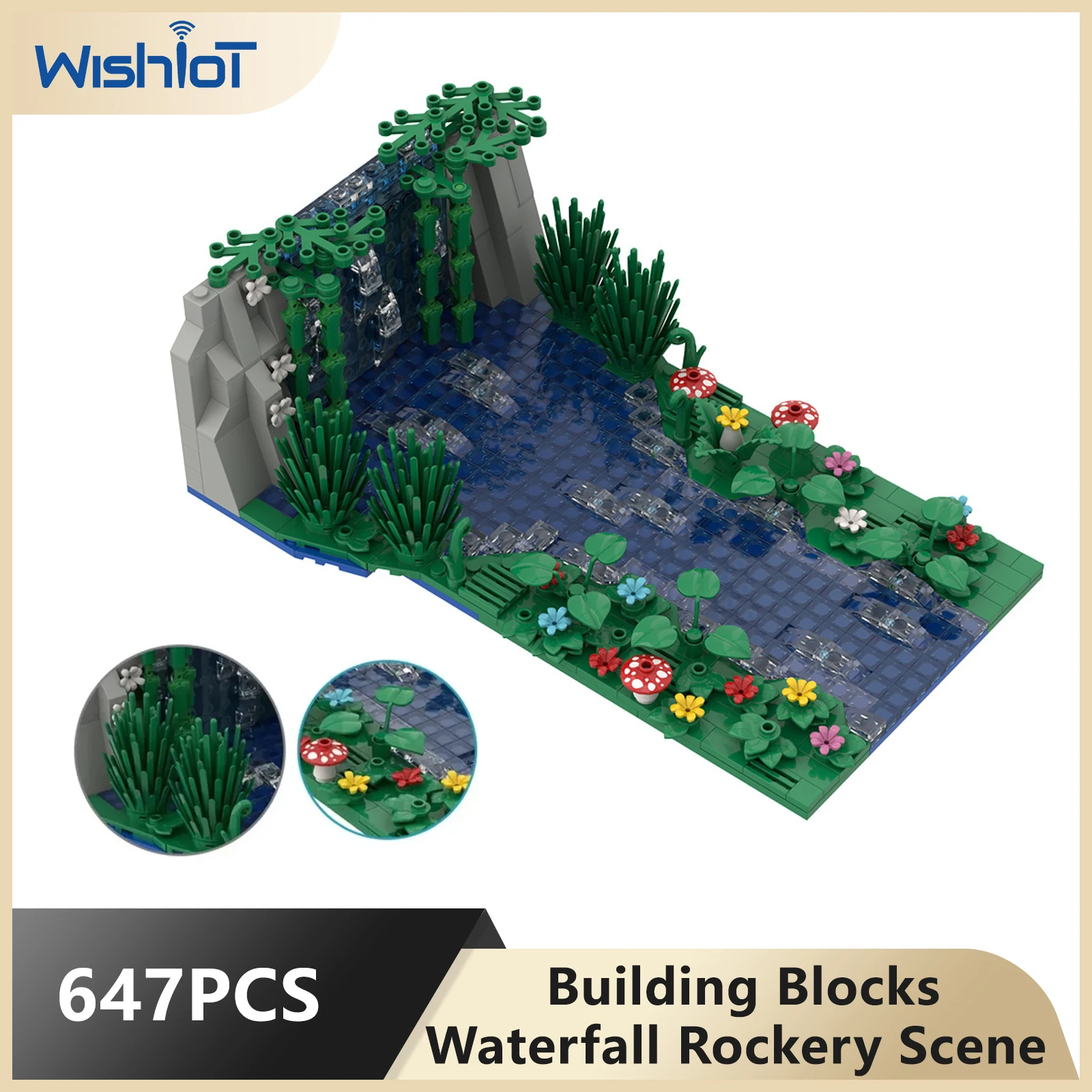 

647PCS Building Blocks Waterfall Scene Set with Pond Mushroom Flowers MOC Creative Assembling Brick Educational Toy Gift for Kid