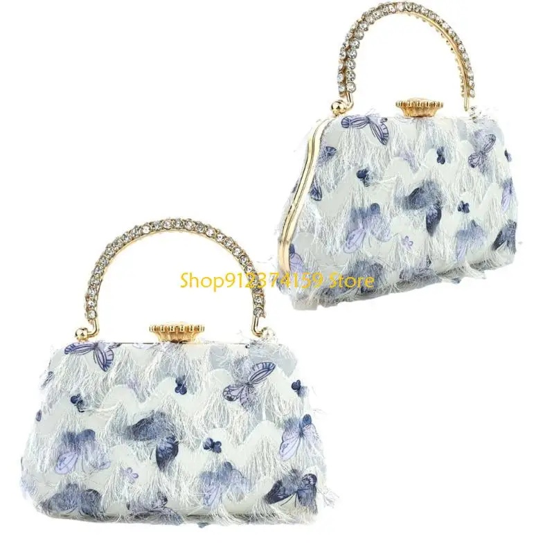 

G5AE Vintage Butterfly Tassels Evening Bag Purse with Detachable Chain Rhinestones Metal Handle Crossbody Cheongsam Handbag