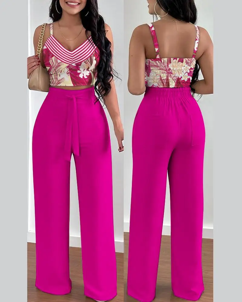 Two Piece Sets Womens Outifits Summer Fashion Printed Suspenders V Neck Sleeveless Crop Top & Casual Wide-Leg Long Pants Set