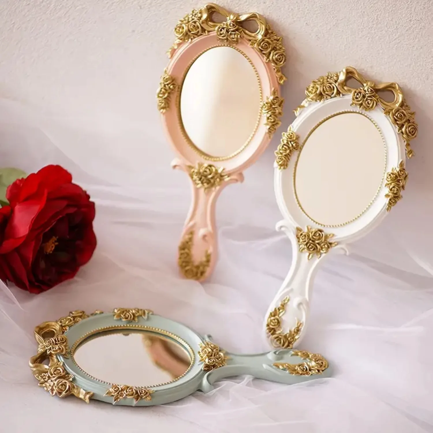 

Handheld Oval Vanity Makeup Mirror - Portable Travel Princess Metal Cosmetic Mirror with Embossed Rose Design - Decorative Desk