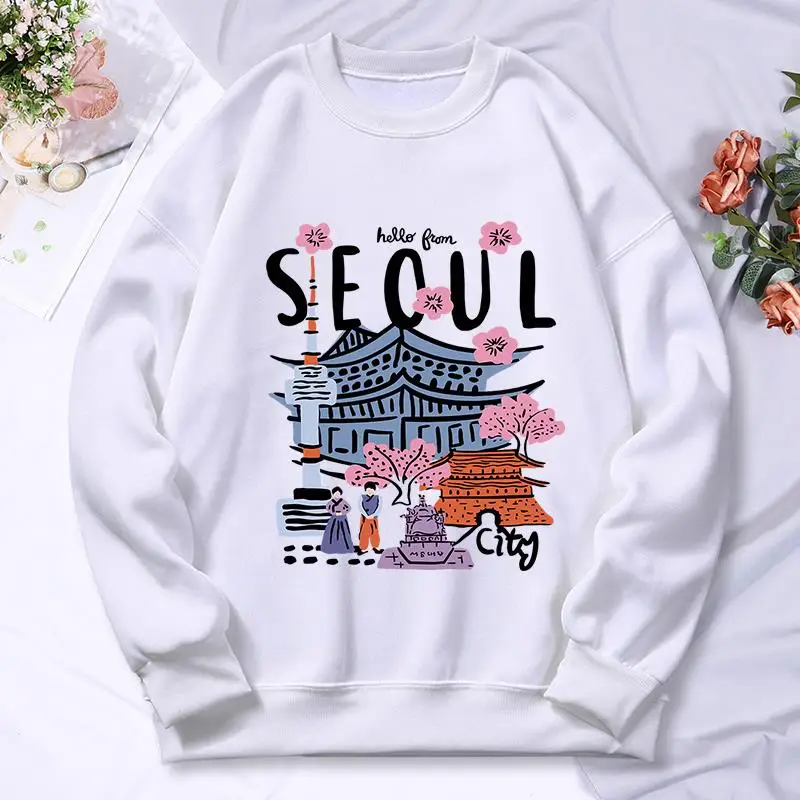 Seoul Beautiful Scenery Printing Womens Hooded Autumn Casual Warm Hoodies Fashion Soft Hoodie Street Versatile Female Pullover