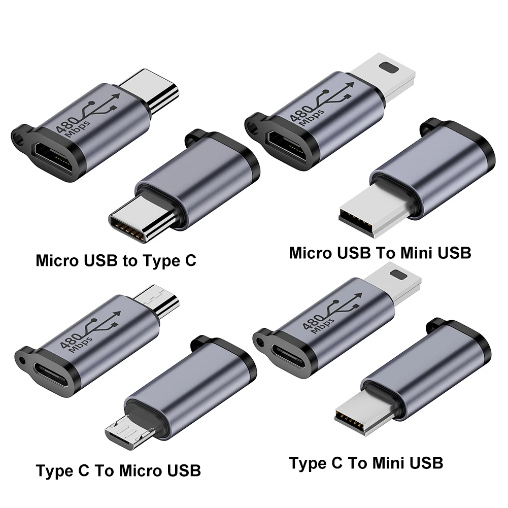 2Pcs Type C Female To Micro USB Male Converter 480Mbps Micro USB Female To Type C/Mini USB Connector 5V 2A for Phone/Tablet/PC