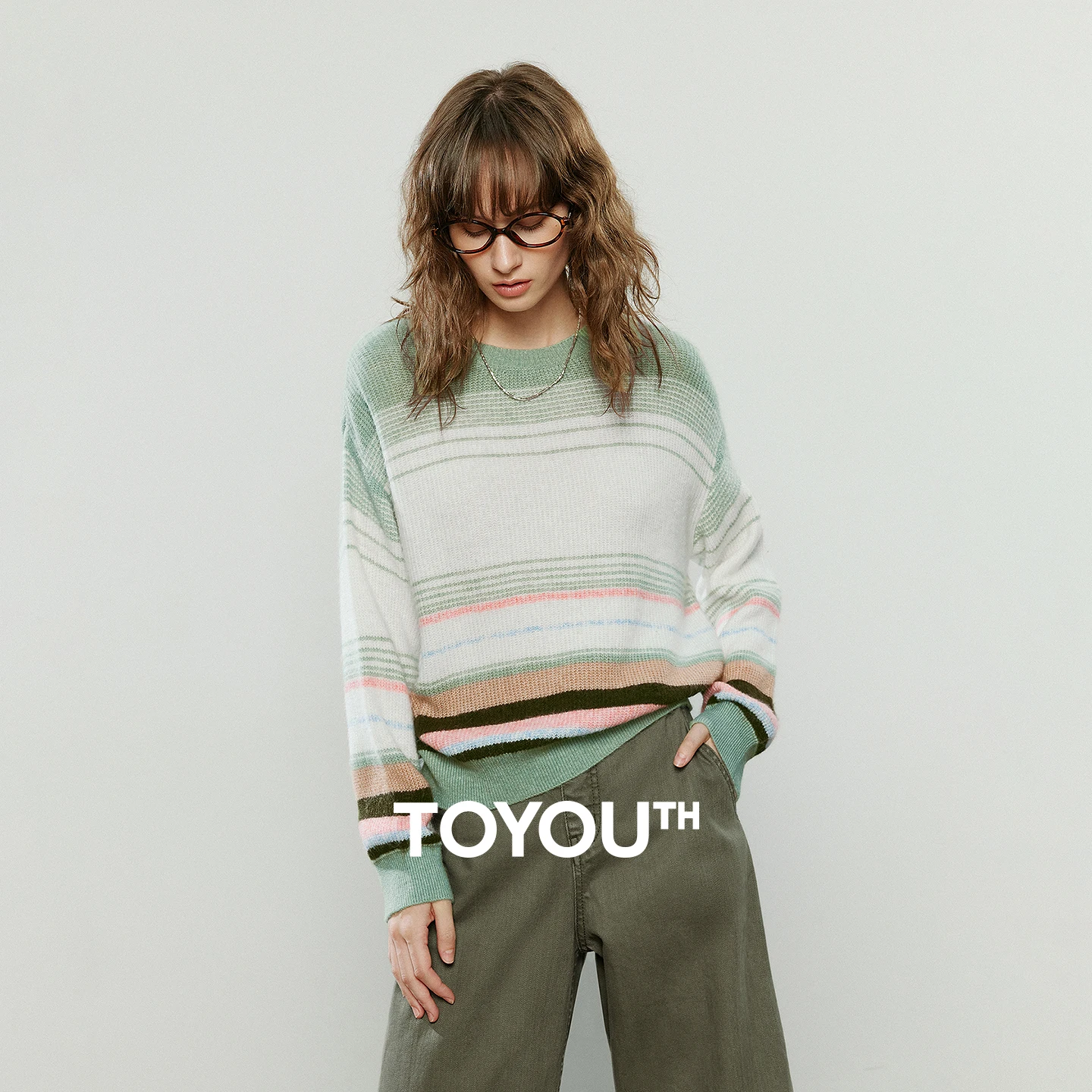TOYOUTH Women Knitwear 2025 Winter NewAsymmetric Crew Neck Colorful Stripe Soft Knit Casual Top