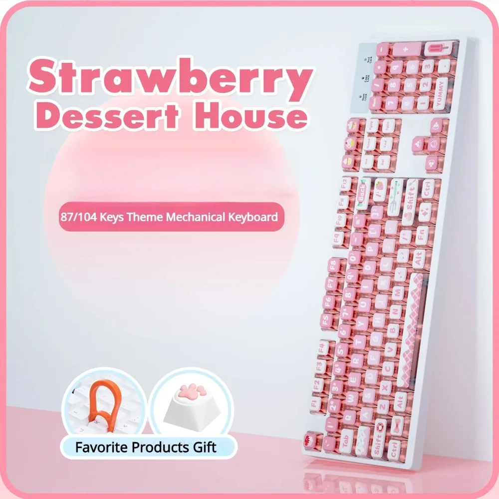 Wired Type-C Mechanical Keyboard 104key Cute Strawberry Pink Theme Backlight Hot Swap Custom Office Game Keyboard Girl PC Laptop