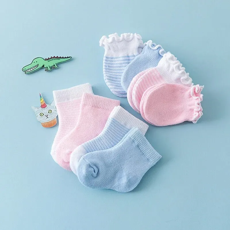 4Pair/Set Solid Color Baby Socks Gloves Set Cute Strip Elastic Infant Toddler Socks Soft Cotton Newborn Girl Boy Ruffle Mitten