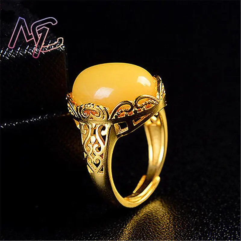 Yellow Amber Rings Lucky Amulet Talismans Real Gemstone Vintage Designer Luxury Gifts for Women Natural Jewelry