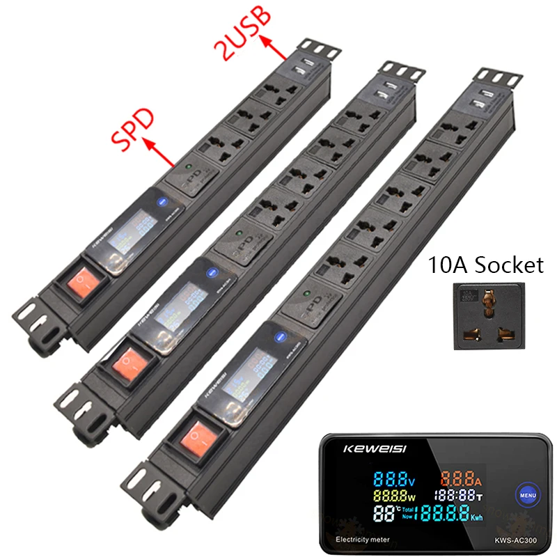 

PDU Power Strip 2-7Ways Универсальная розетка с 2USB-защитой от перенапряжения Цифровая температура напряжения Ватт кВтч Для стойки сетевого шкафа