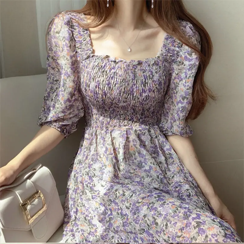 France Vintage Print Chiffon Floral Dress Woman 2022 Summer New Elegant Folds Half Sleeve Square Collar High Waist Knee Dresses