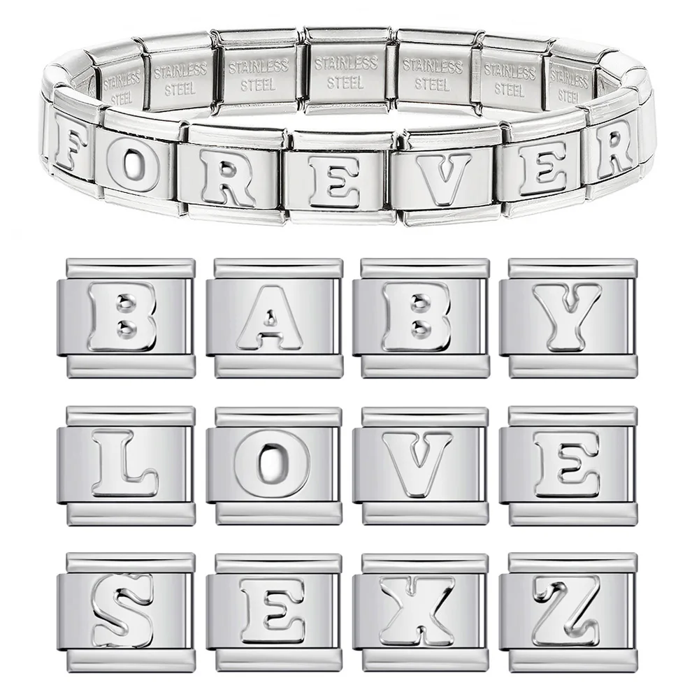Moda simples cor prata inglês 26 A-Z carta côncava italiano charme link caber 9mm pulseira de aço inoxidável jóias fazendo diy