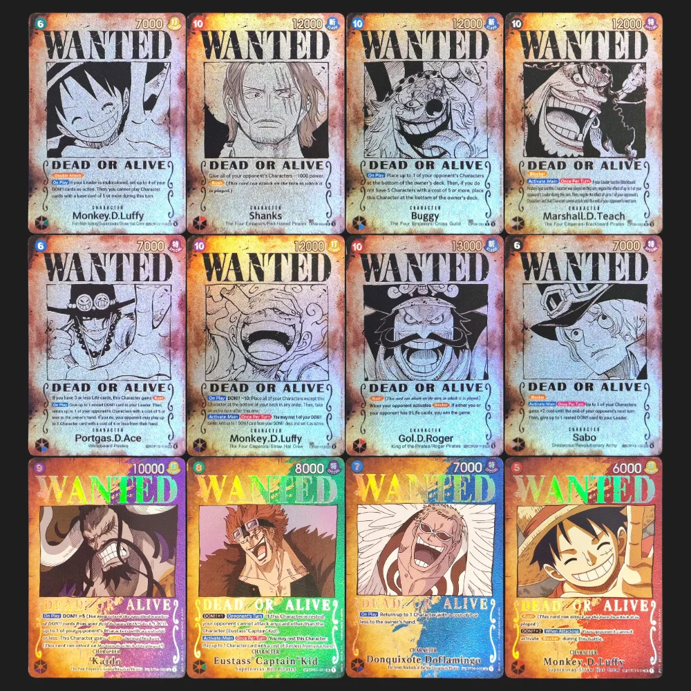 

Коллекционные аниме-карточки Proxy ONE PIECE: Луффи, Шанкс, Эйс, Роджер, Тич, Кайдо. Карточки персонажей с альтернативными иллюстрациями Wanted. Английская коллекция.