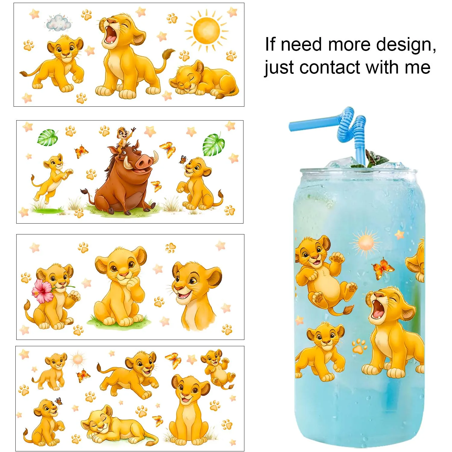 5PCS Bundle Cute Simba Cartoon UV DTF Transfer Sticker DIY Decals 3D transfers uvdtf stickers 16oz uv