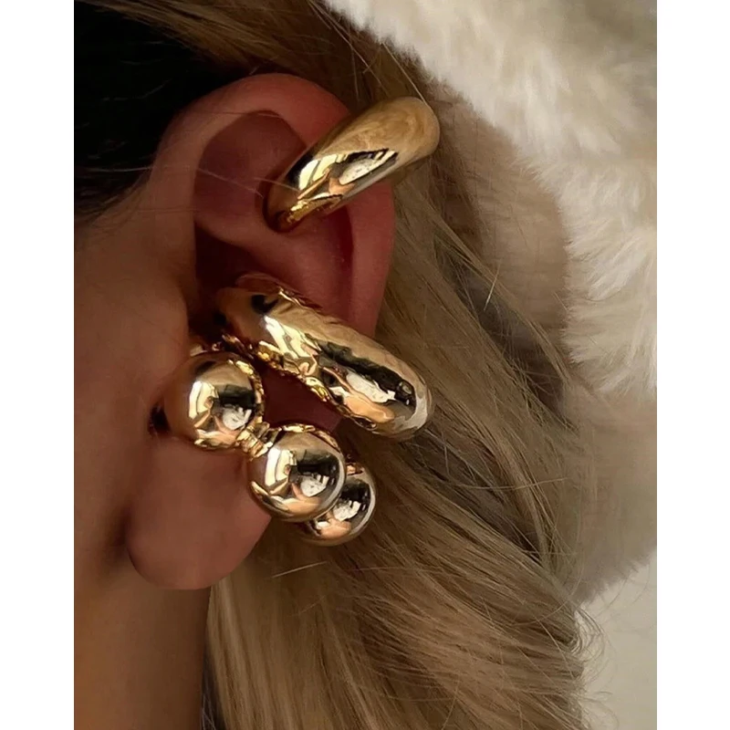 2025 Autumn Winter New Exaggerated Wide Clip-On Earrings Set For Women Simple Gold Color Metal Earring Daily Wear Vacation Gift
