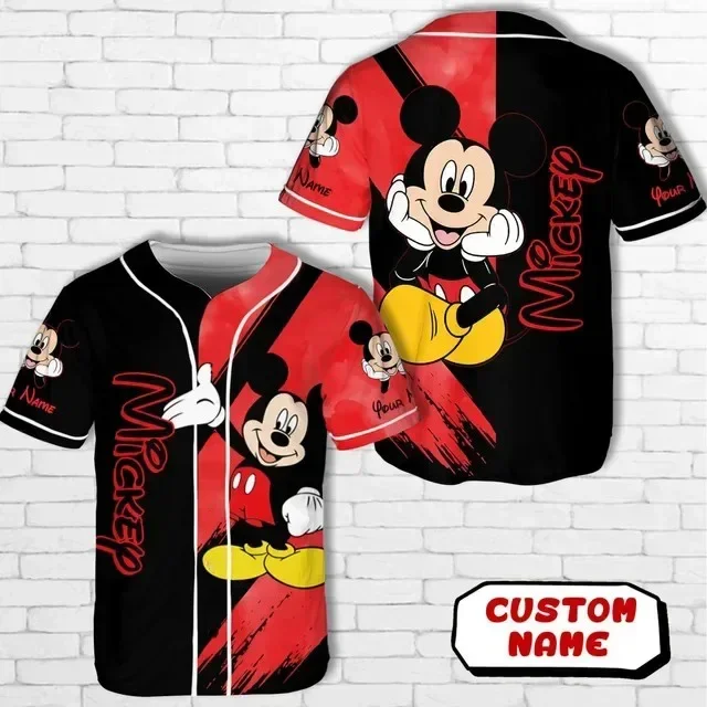 MINISO Disney Summer T-Shirt for Women Men Sports Mickey Mouse Red Black Cartoon Baseball Jersey Patter Casual Breathable Tops