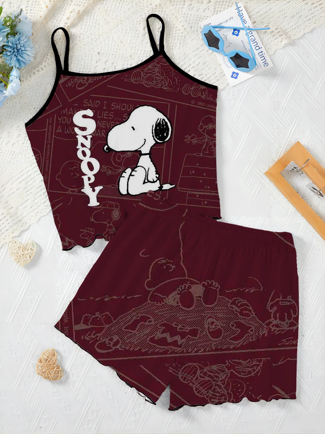 Short Sets for Women 2 Pieces Pajama Skirt T-shirt Lettuce Trim Home Dress Top Women's Suit Snoopy Elegant Summer Clothes 2024