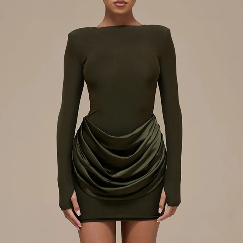 Lässiges Büro-A-Linien-Kleid mit hoher Taille, schlichtes einfarbiges O-Ausschnitt, schmale Passform, kurzes Kleid, plissiertes Design, langärmeliges Herbstkleid