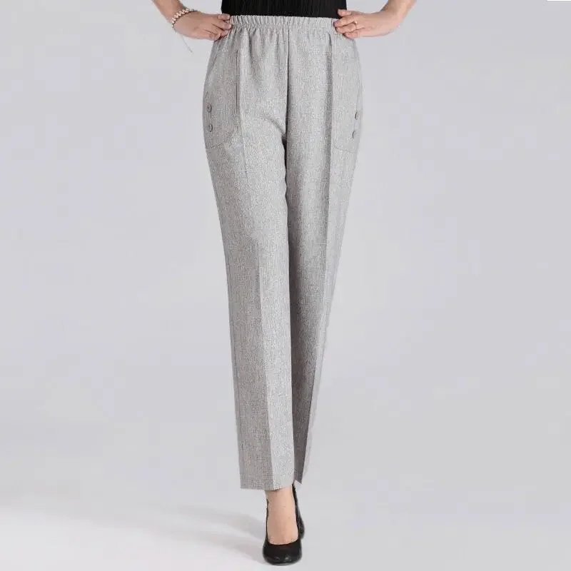 กางเกงขายาวผู้หญิงเอวสูงผ้ายืดบาง รุ่น W2231 กางเกงผู้หญิงวัยกลางคน ฤดูใบไม้ผลิ ฤดูร้อน ทรงหลวม กางเกงผ้าฝ้ายลินินทรงตรงสำหรับคุณแม่