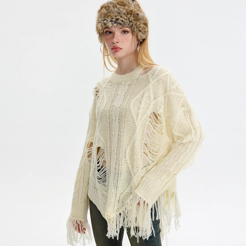 Johnature Cut-out Ripped Loose Fashion Tassel Sweater Women New Long-sleeved Lazy Style Knit Pullover Irregular Sweaters