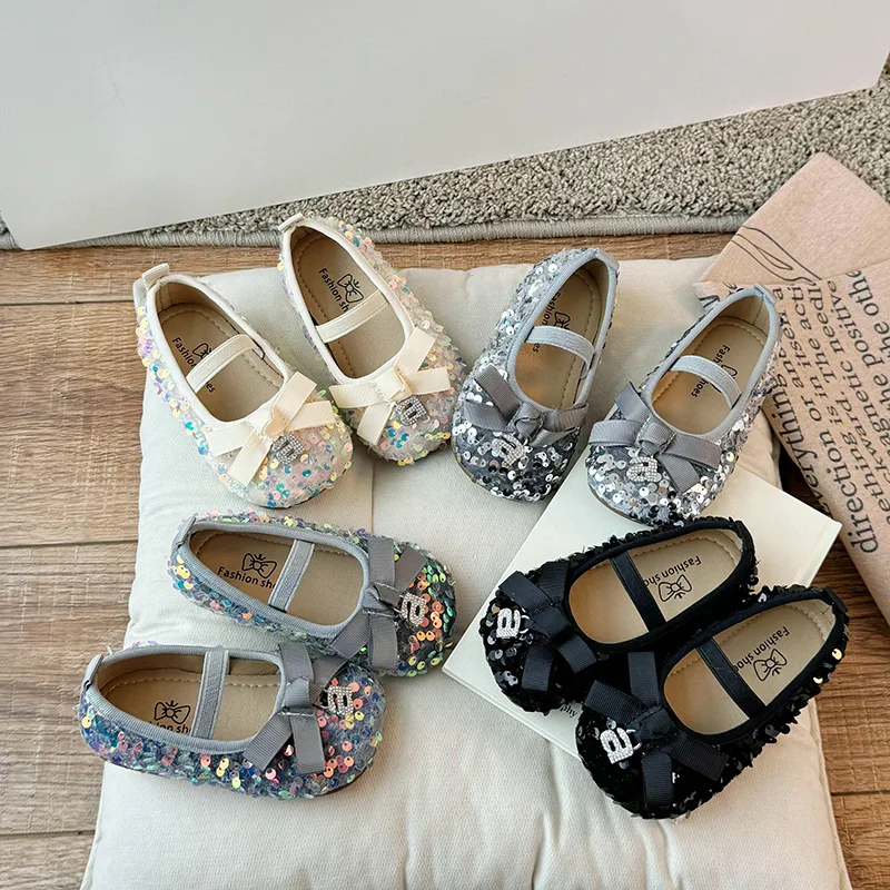 

Children Lesther Shoes for Girls 2024 Spring/Summer New Single Shoe for Party Cute Korean Sequin Bow Fashionable Princess Flats