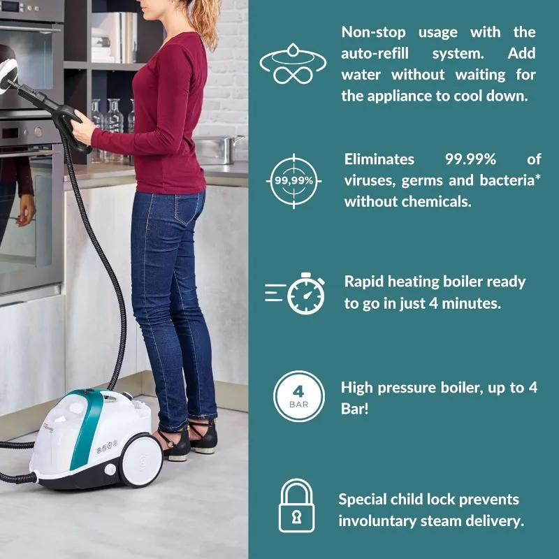 Smart Steam Cleaner com Tecnologia Ilimitada a Vapor, Vapor Ajustável de Alta Potência, Sanitizar Pisos, Carpetes Superfícies