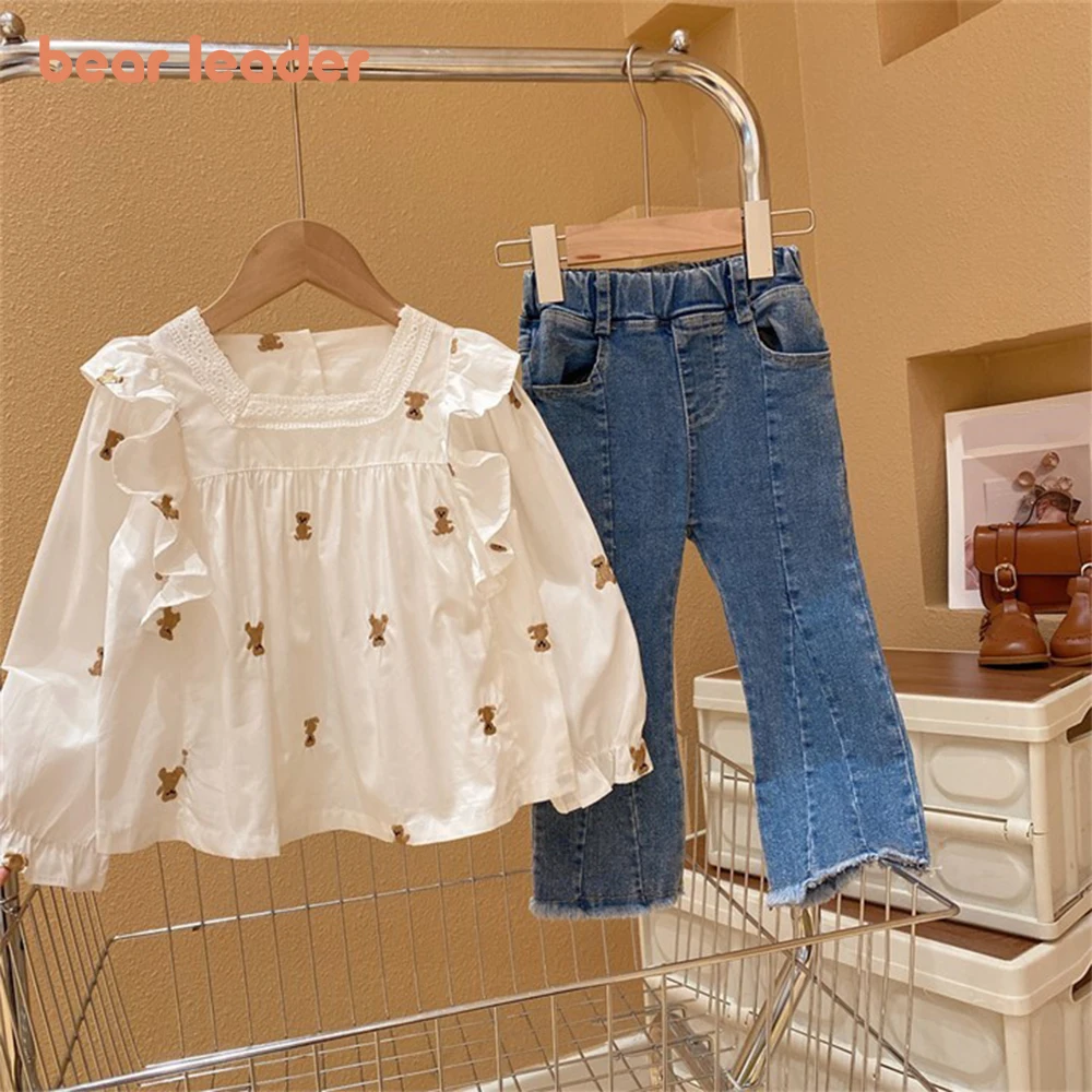 Bear Leader Girls' Set 2023 New Girls' Casual Square Neck Little Bear Print Long Sleeve Shirt+Denim Pants Set Children's Set