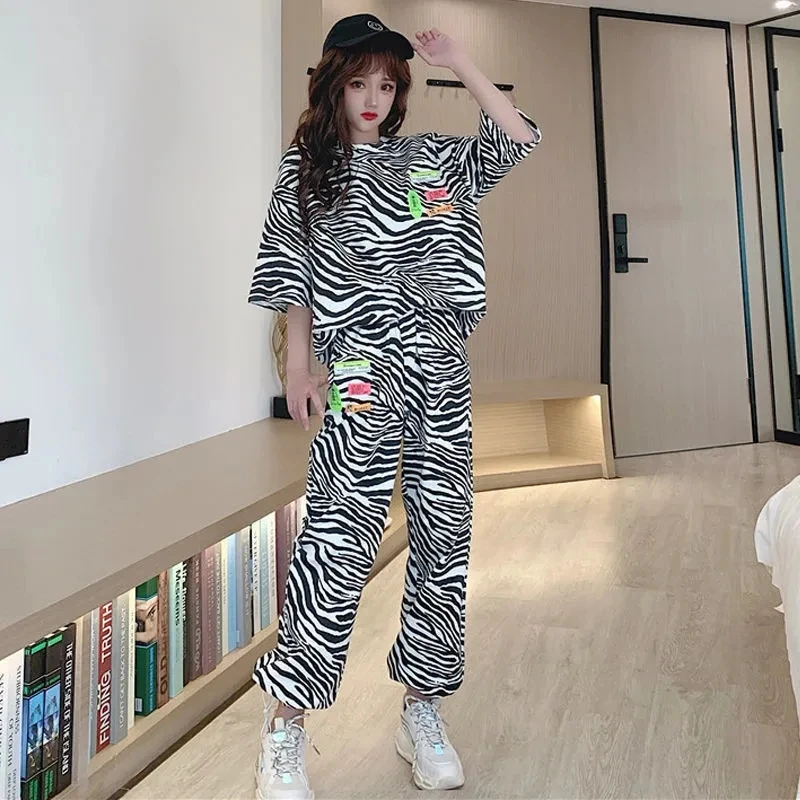 

Womens Summer Two-piece 2022 Fashion Zebra Print Short sleeve + High Waist Pants Suit Fashion Casual Female 2 piece set