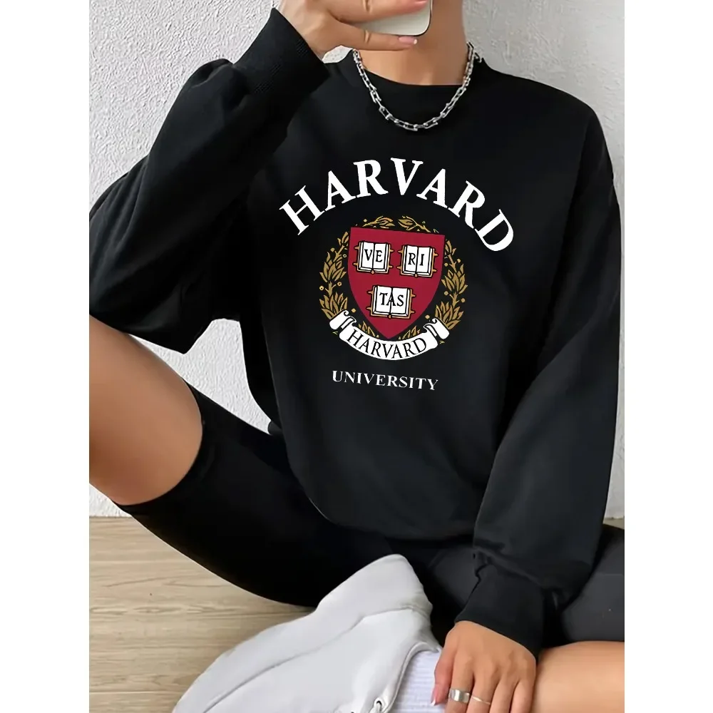 Women's hoodie Harvard Logo printed crewneck Sweatshirt Elegant style polyester knit fabric lapel all season stretch sweatshirt