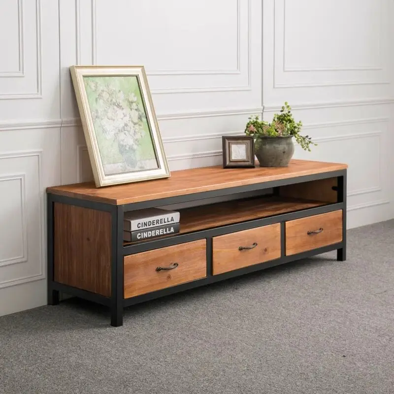Retro living room drawer-type chest, American wrought iron solid wood TV cabinet, industrial style three-draw long floor cabinet