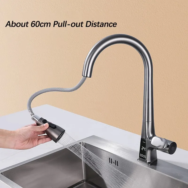 Kitchen Sink Intelligent Sensor Digital Display Pull-Out Faucet Non-Contact Switch Cold And Hot Three-Mode Outlet Basin Faucet