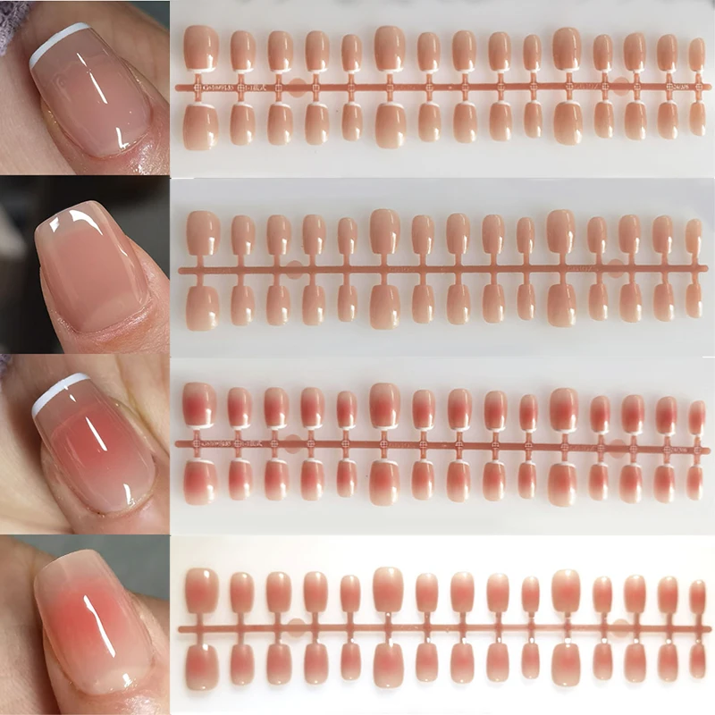 30 stuks Blush Gradiënt Druk op nagels Eenvoudig Vierkant Naakt Franse nepnagels Afneembare kunstnagels Volledig afgewerkte zelfklevende nagels