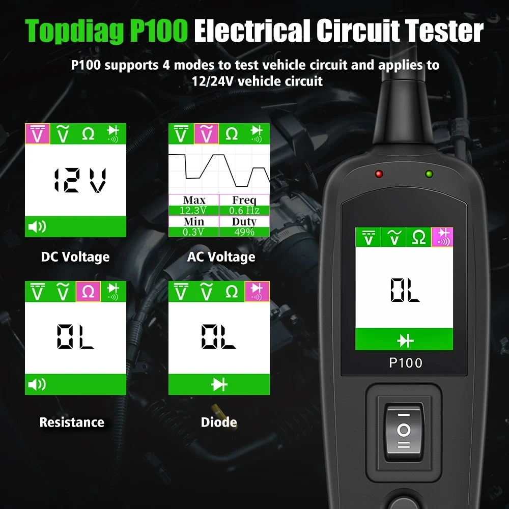 TopDiag P100 JDiag Power P100 Electric Circuit Tester 12V 24V Automotive For Cars and Trucks OBD Battery Tester Car Diagnostics