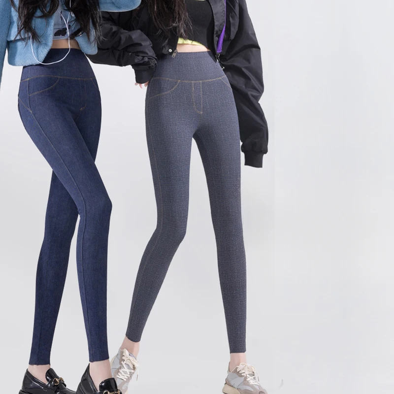 Sexy High Waist Faux Denim Pant Women Stretch Tight Hip Lifting Casual Leggings Woman Autumn Winter Fleece Jeans Yoga Leggings