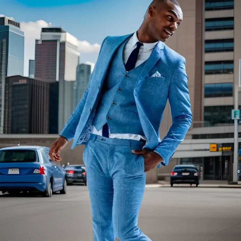 Linen Wedding Suits For Summer Beach Groom Tuxedos Prom 3 Pcs Groomsman Slim Fit African Blazer (Jacket + Vest + Pants)