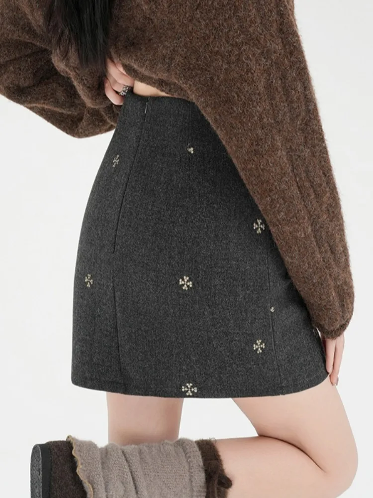 Retro Floral Stickerei Woolen Rock Hohe Taille frauen Luxus Sle A-Line ort Rock Herbst Winter Koreanische Sle