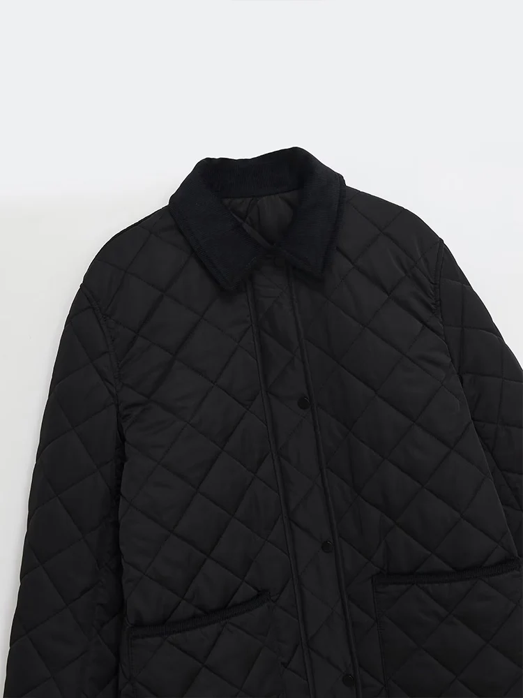 European and American style autumn new fashion women's simple diamond pattern quilted corduroy collar jacket cotton coat