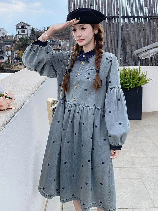 

plus Size 300 Pou Embroidered Vintage Denim Dr Women's Small Size Belly Cover Mid-Length Autumn Faion Casual Dr