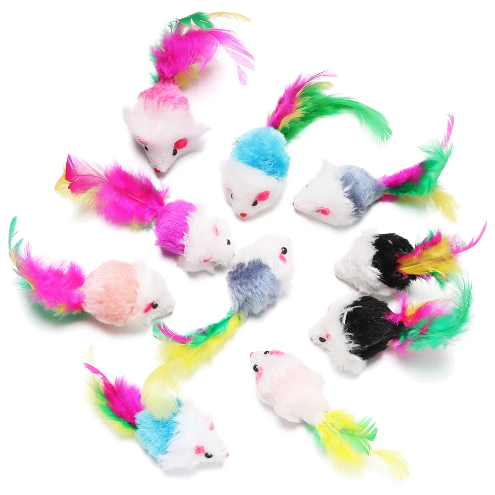 Juguetes de peluche para gatos y ratones, juego de sonajero interactivo para mascotas, con cola de pluma colorida, surtido de hierba gatera, 10 piezas