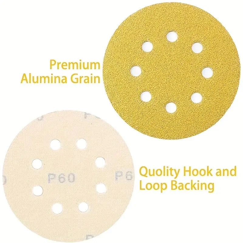 10/50pcs 5 Inch Yellow Sanding Discs 8 Holes 125mm Hook And Loop Aluminum Oxide Sandpapers For Polishing Random Orbital Sander