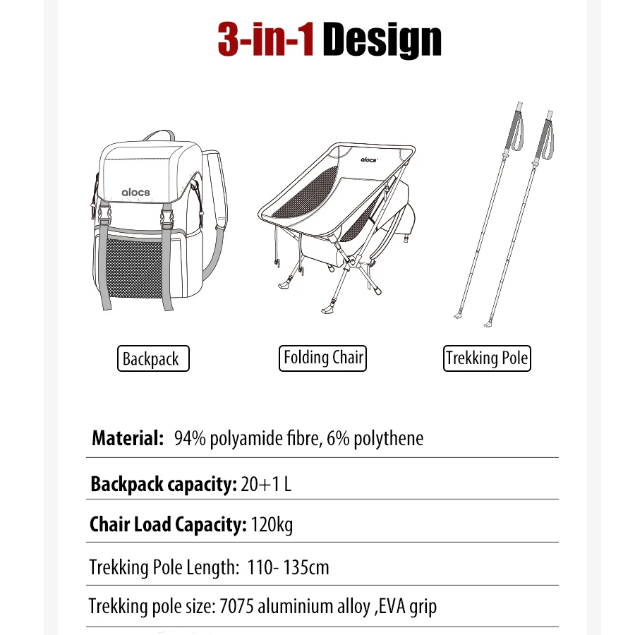 3-in-1 Multi-function Backpack Bag Folding Chair Trekking Pole For Hiking Climbing Camping Lightweight