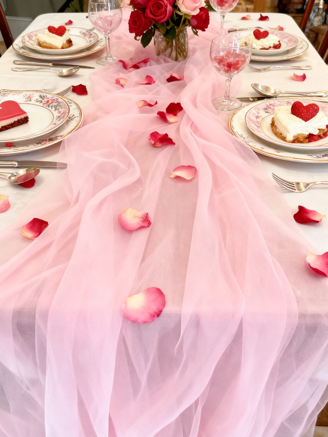 Rosa Tüll-Tischläufer – transparente Chiffon-Tischdecke für Valentinstag, Hochzeit, Jahrestag, romantische Dinnerparty, Heimdekoration