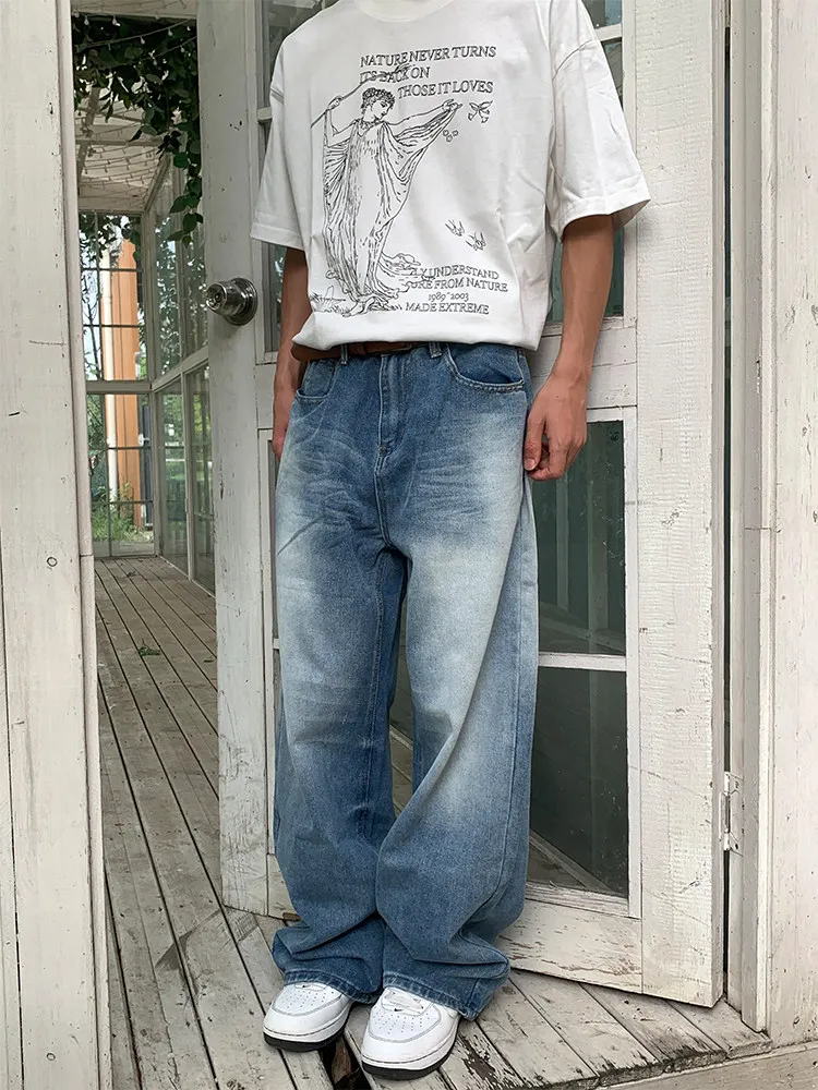 

American Style Vintage Washed Wide Leg Straight Cut Jeans CleanFit Casual Pants mid Waist Button Closure Summer Jeans