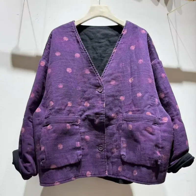 Spring Autumn Arts Style Women Single Breasted V-neck Loose Coats Reversible Wear Vintage Dot Print Cotton Casual Jackets F109