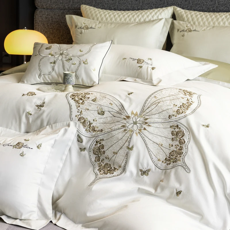 

Luxury Butterfly Embroidery 600TC Long Staple Cotton Bedding Set Queen King Size Duvet Cover Flat/Fitted Bed Sheet Pillowcases