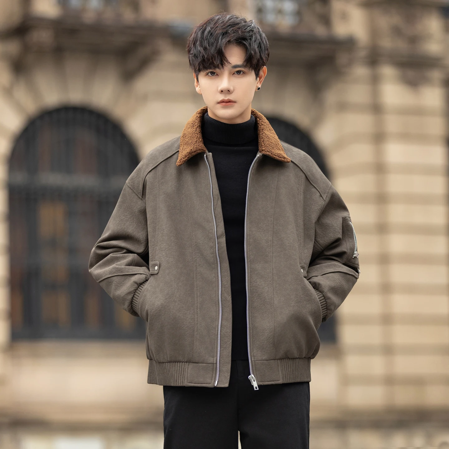 

Men's ort Thiened PU Leather White Du down Jaet Stand Collar Winter Outerwear Casual Sle Regular Fit Zipper Closure