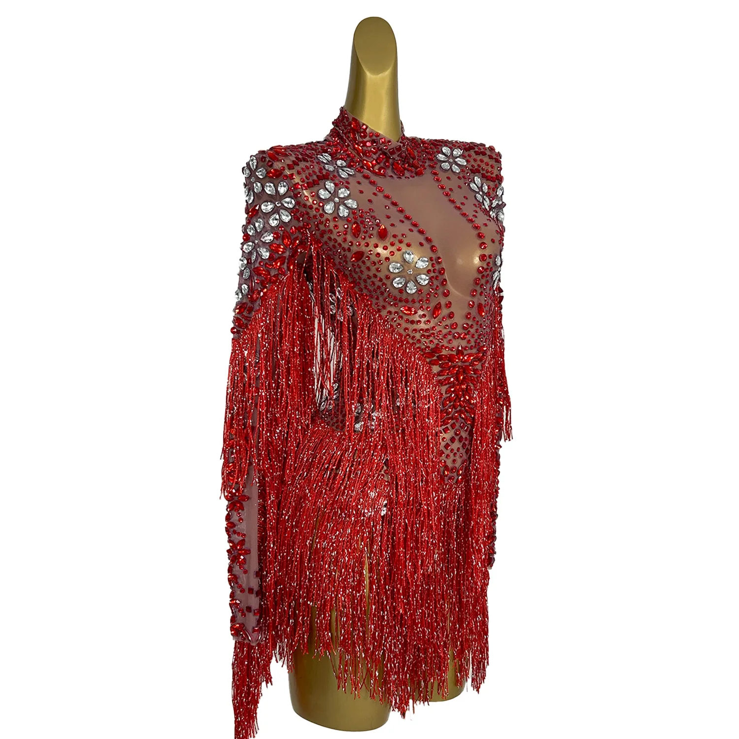 Women Dancer Red Tassel Leotard Stage Show Wear Sparkly Fringes Bodysuit Birthday Celebrate Outfit Dance Costume Shenhong