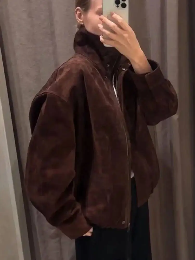 Women Autumn Casual Loose Female Fashion High Collar Zipper Side Pocket Design Jackets Solid Street Style Coats