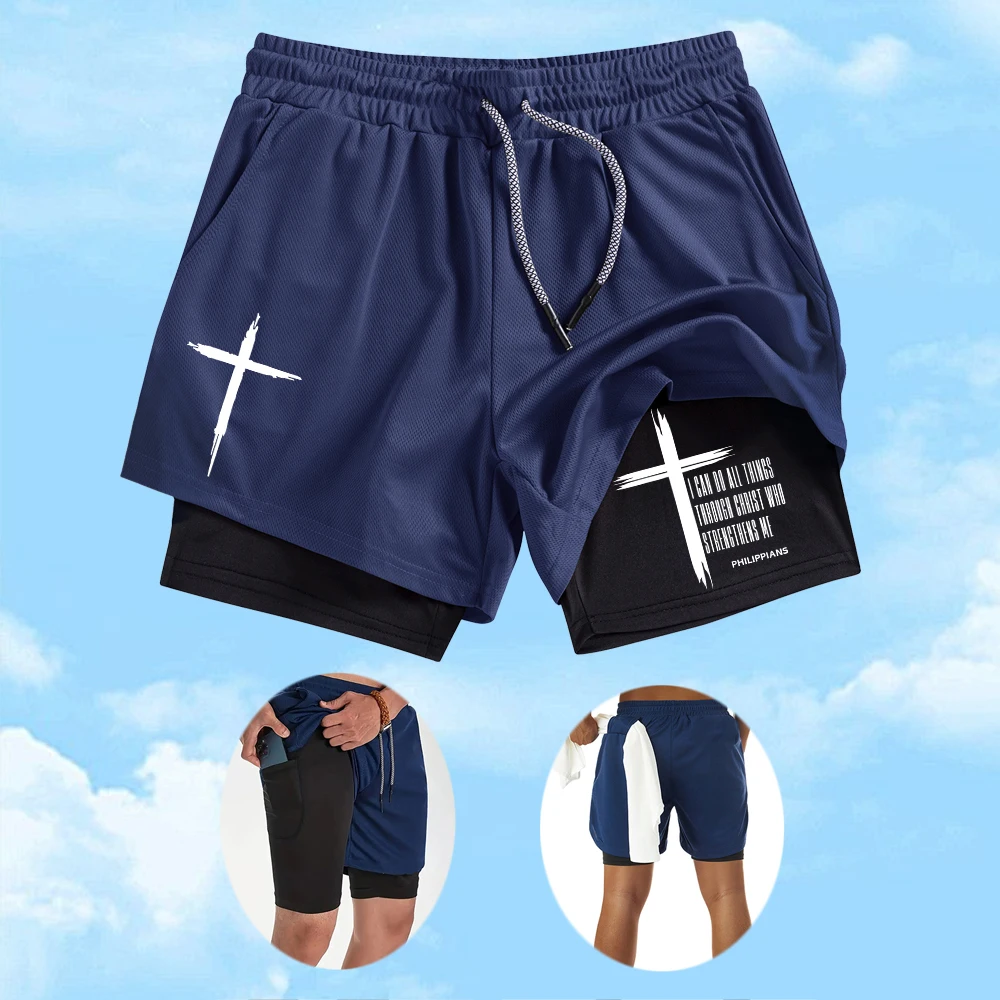 Men's Cross Print Quick Dry Sports Shorts With Towel Loop And Phone Pocket Beach Shorts Outdoor Running Cycling Drawstring Short